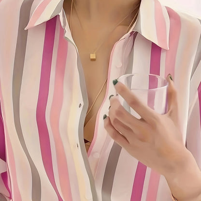 Elegant Striped Chiffon Blouse for Women with Collar Long Sleeve Button Front Relaxed Flowing Style