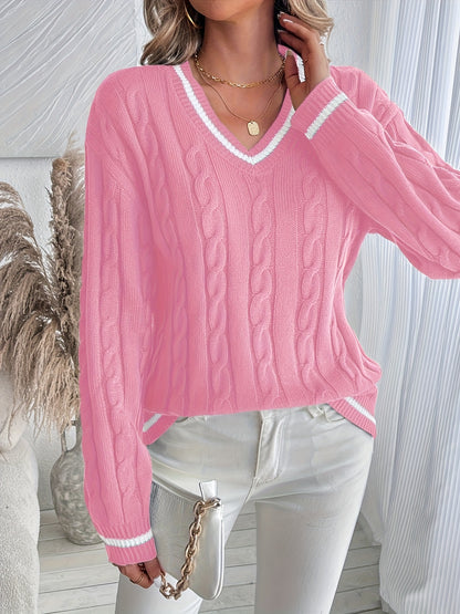 Comfortable Cable Knit Sweater for Women with V Neck Long Sleeve Contrast Stripe Relaxed Varsity Style