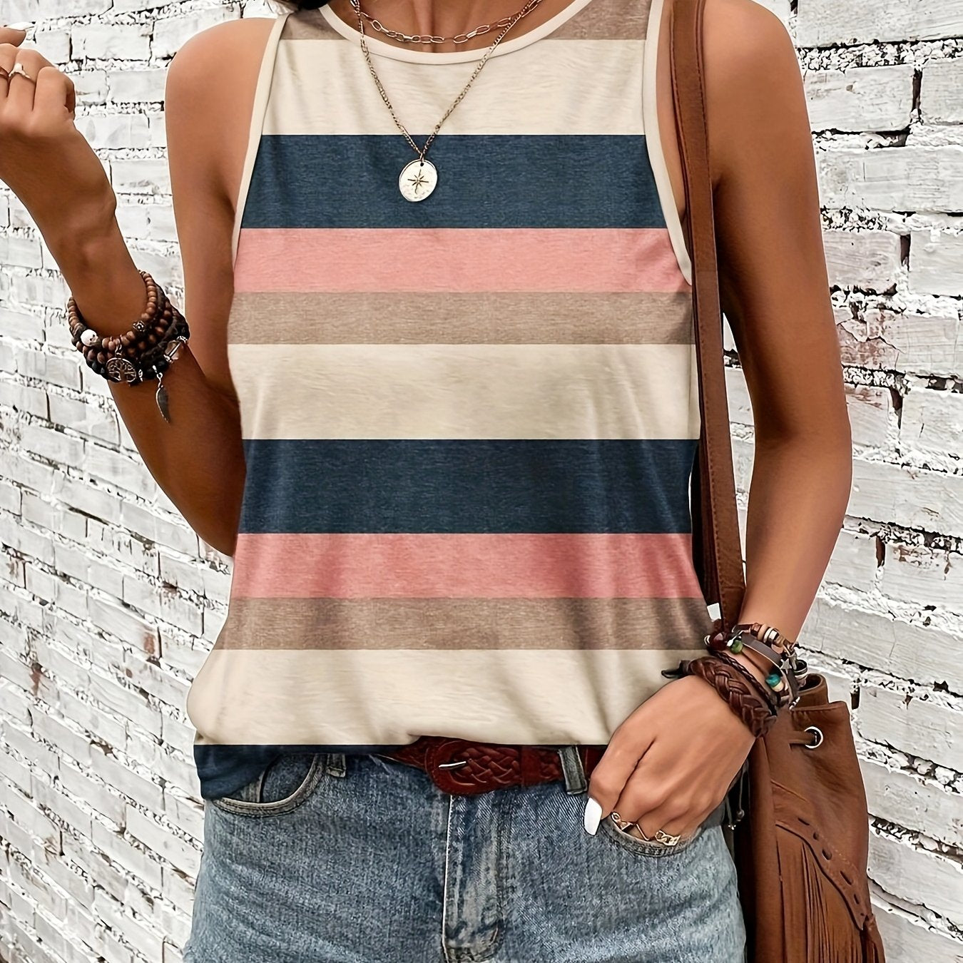 Effortless Colorblock Striped Tank Top for Women with Crew Neck Sleeveless Relaxed Casual Style