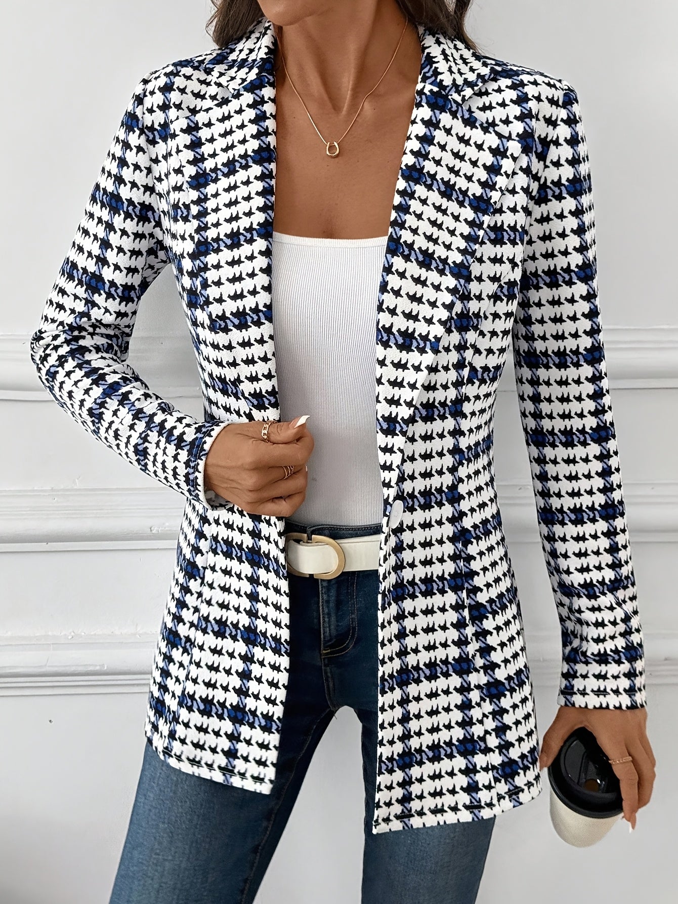 Elegant Plaid Blazer for Women, Versatile Everyday Long-Sleeve, Classic Commuter, Autumn, Houndstooth