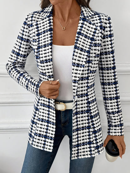Elegant Plaid Blazer for Women, Versatile Everyday Long-Sleeve, Classic Commuter, Autumn, Houndstooth