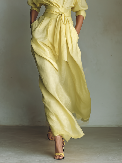 Elegant Yellow Linen Maxi Dress for Women with Collar Neck Elbow Sleeve Wrap Tie Waist Flowing Style