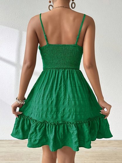Effortless Textured Mini Dress for Women with Square Neck Spaghetti Strap Smocked Tiered Boho Style