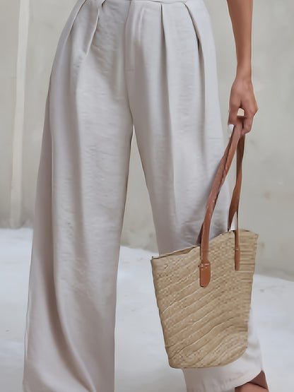 Effortless Khaki Wide Leg Pants for Women with High Waist Pleated Button Front Relaxed Tailored Style