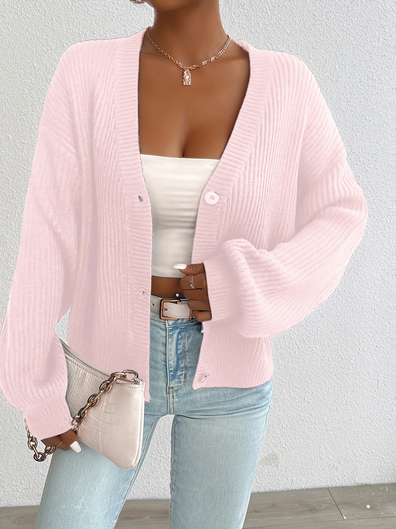 Comfortable Ribbed Knit Cardigan for Women with V Neck Long Sleeve Button Front Oversized Relaxed Style