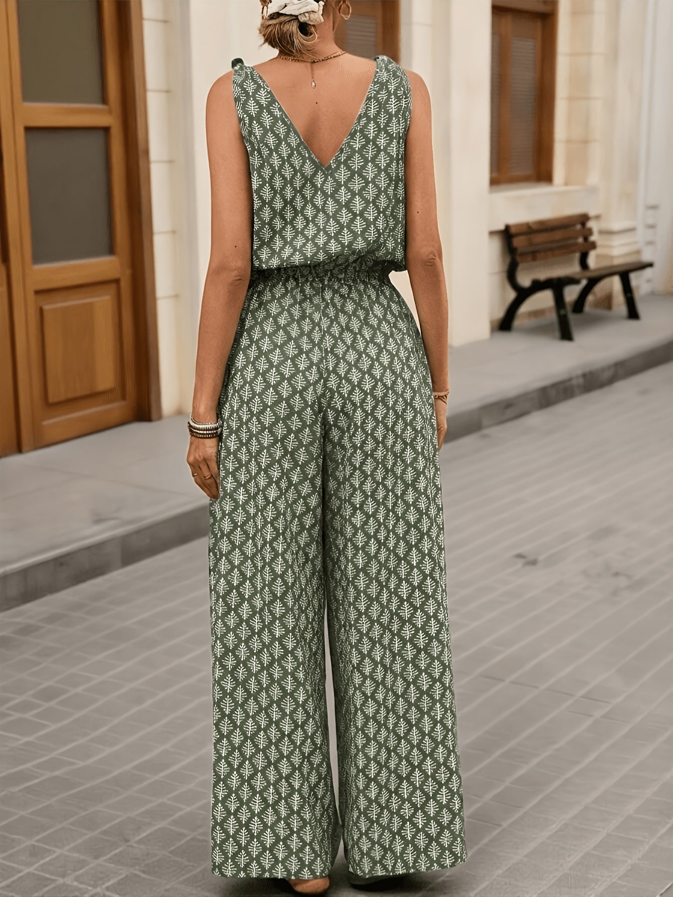Effortless Olive Geometric Print Jumpsuit for Women with V Neck Sleeveless Button Front Wide Leg Style