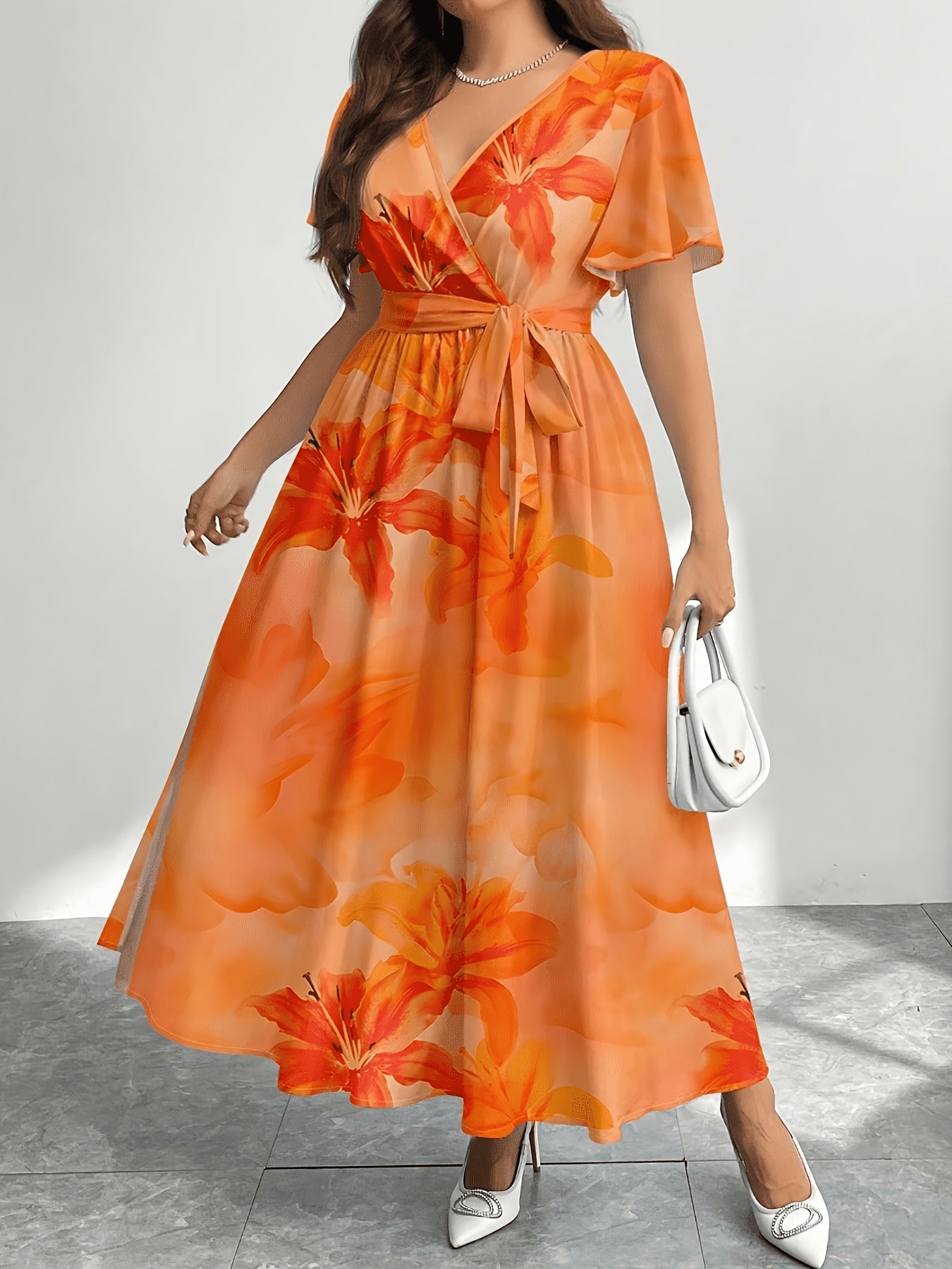 Effortless Multicolor Floral Maxi Dress for Women with V Neck Flutter Sleeve Wrap Belted Flowing Bohemian Style