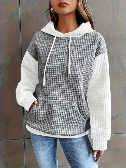Autumn/Winter European and American Fashion Trendy Wide Fit Casual Loose Color Block Patchwork Pullover Hooded Versatile Sweatshirt Jacket for Women