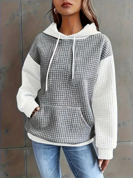Comfortable Quilted Color Block Hoodie for Women with Drawstring Hood Long Sleeve Relaxed Oversized Knit Style