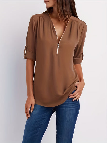 Effortless Chiffon Blouse for Women with Zip V Neck Roll Tab Sleeve Relaxed Casual Style