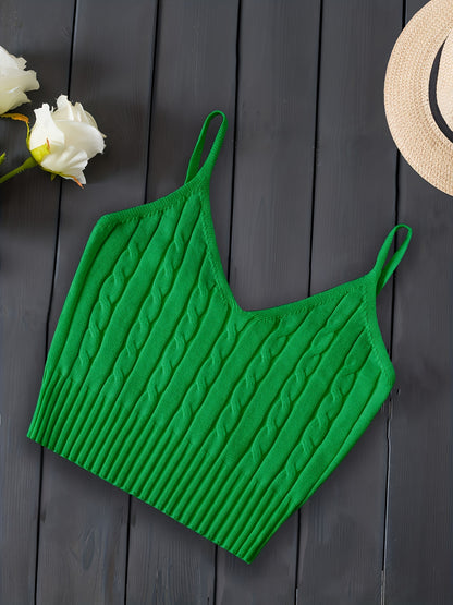 Effortless Cable Knit Crop Top for Women with V Neck Sleeveless Ribbed Fitted Tank Style