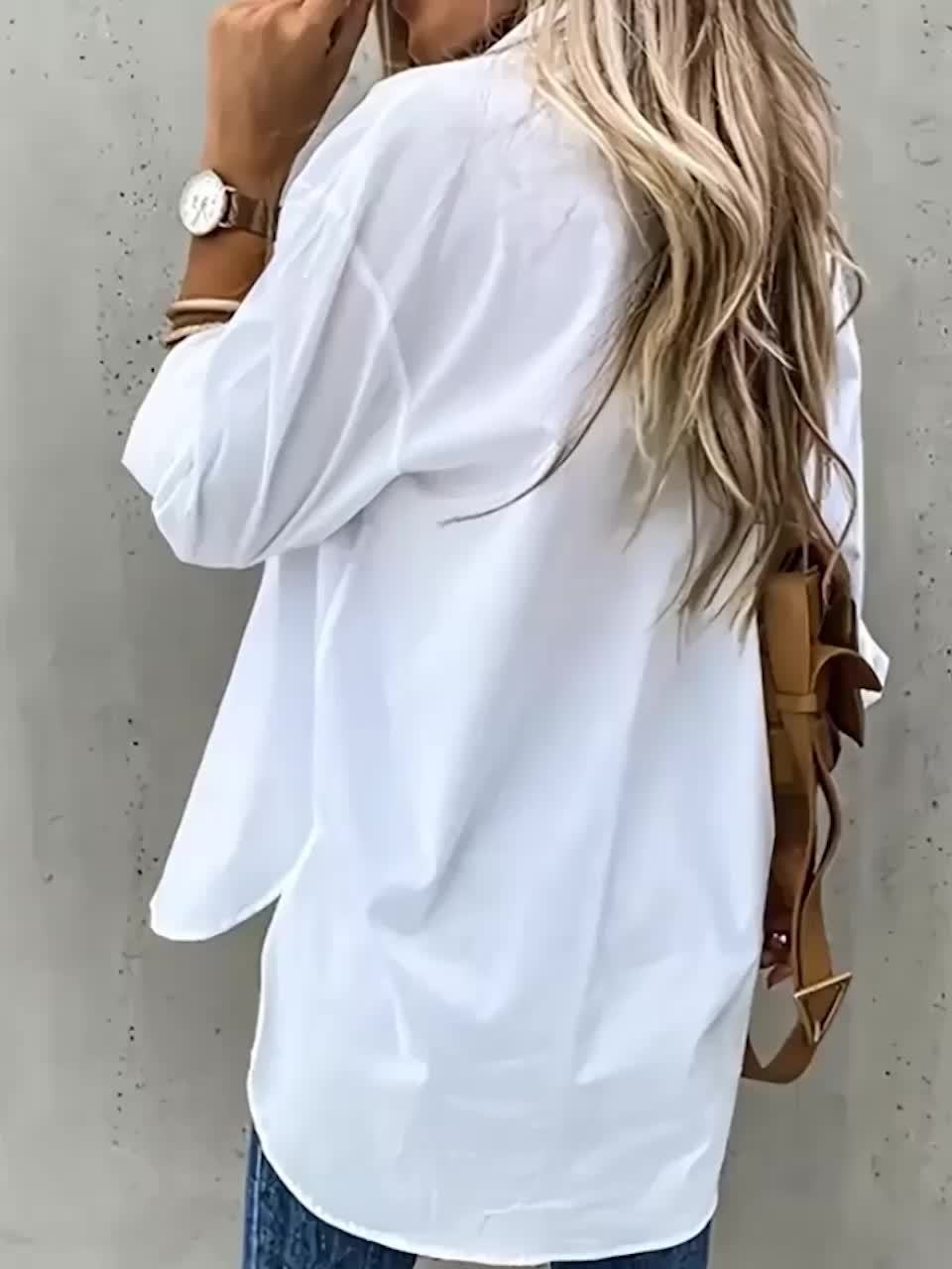 Effortless Button Front Blouse for Women with Collar Long Sleeve Chest Pocket Relaxed Style