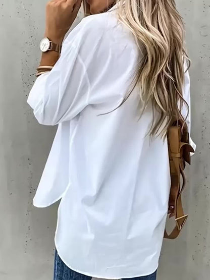 Effortless Button Front Blouse for Women with Collar Long Sleeve Chest Pocket Relaxed Style