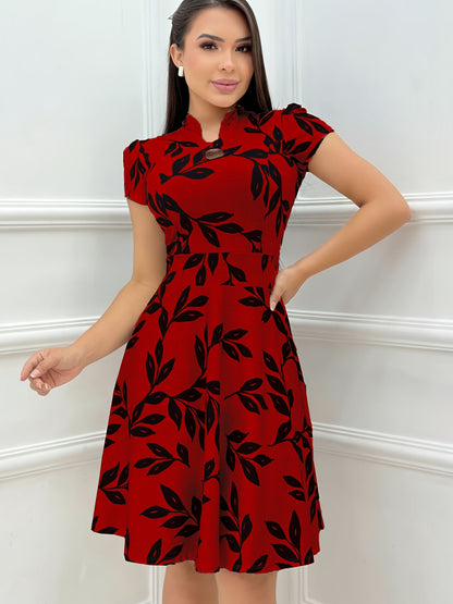Elegant Leaf Print Fit and Flare Dress for Women with Keyhole Stand Collar Cap Sleeve Midi Style