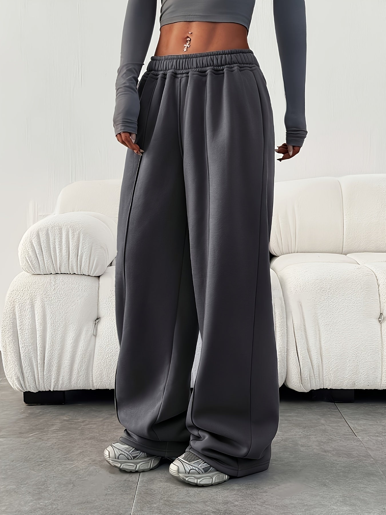 Comfortable Fleece Wide Leg Sweatpants for Women with High Waist Pintuck Relaxed Baggy Casual Style