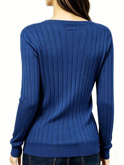 Comfortable Ribbed Knit Sweater for Women with V Neck Long Sleeve Relaxed Casual Style