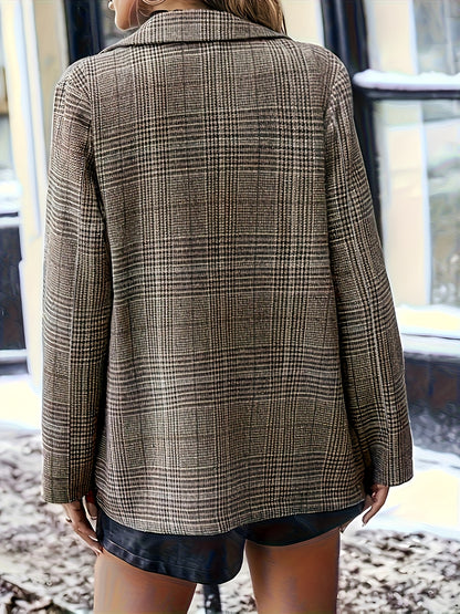 Elegant Plaid Blazer for Women with Notch Lapel Long Sleeve Oversized Relaxed Casual Style