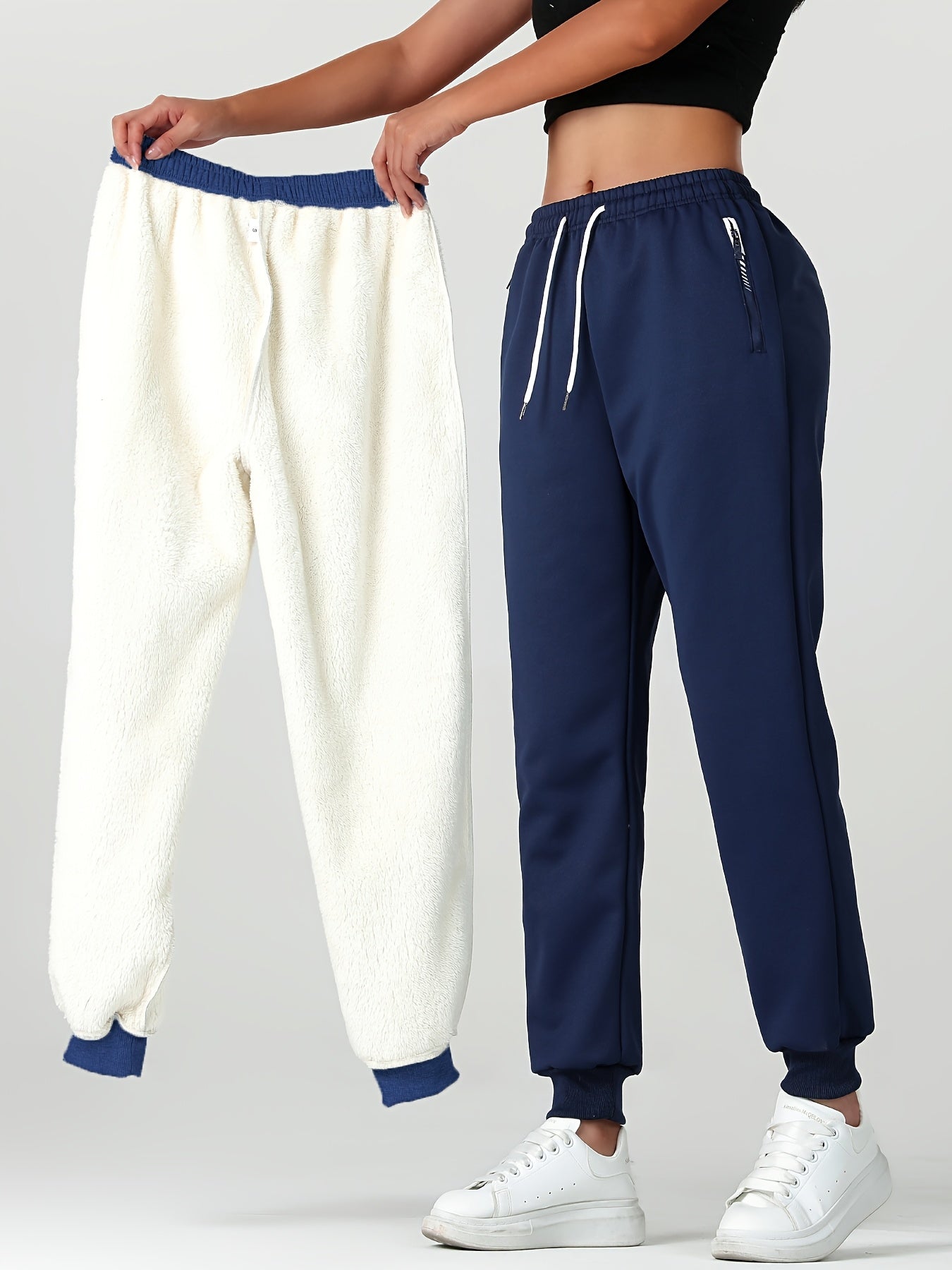 Comfortable Sherpa Lined Jogger Sweatpants for Women with High Waist Drawstring Zip Pocket Cinched Ankle Relaxed Style