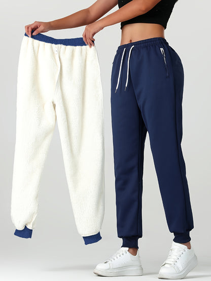 Comfortable Sherpa Lined Jogger Sweatpants for Women with High Waist Drawstring Zip Pocket Cinched Ankle Relaxed Style