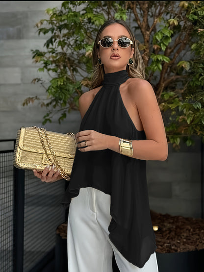 Elegant Chiffon Halter Blouse for Women with High Neck Sleeveless Flowing Asymmetrical Style