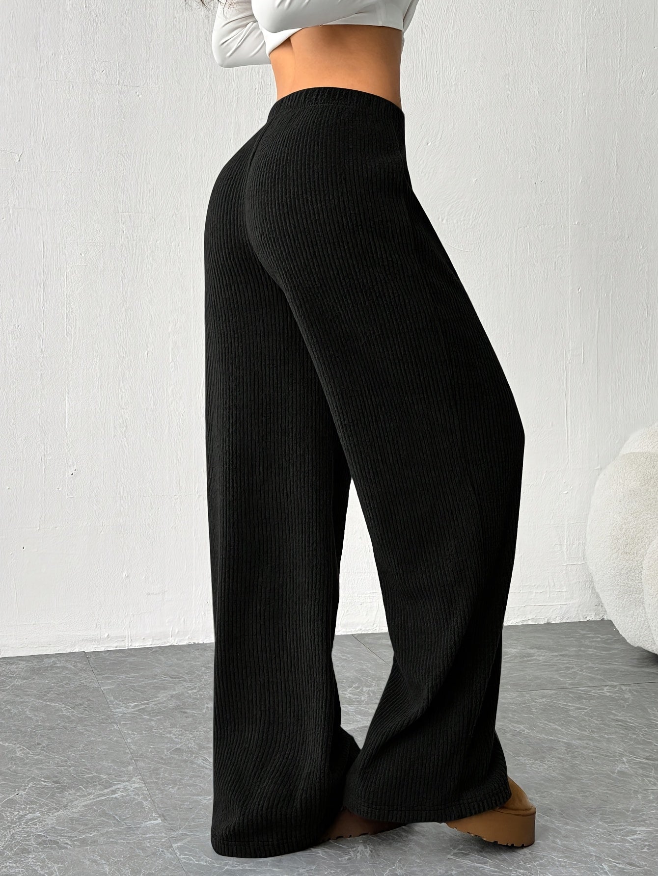Effortless Ribbed Knit Wide Leg Pants for Women with High Waist Drawstring Relaxed Flowing Casual Style
