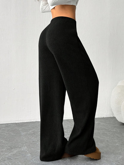Effortless Ribbed Knit Wide Leg Pants for Women with High Waist Drawstring Relaxed Flowing Casual Style