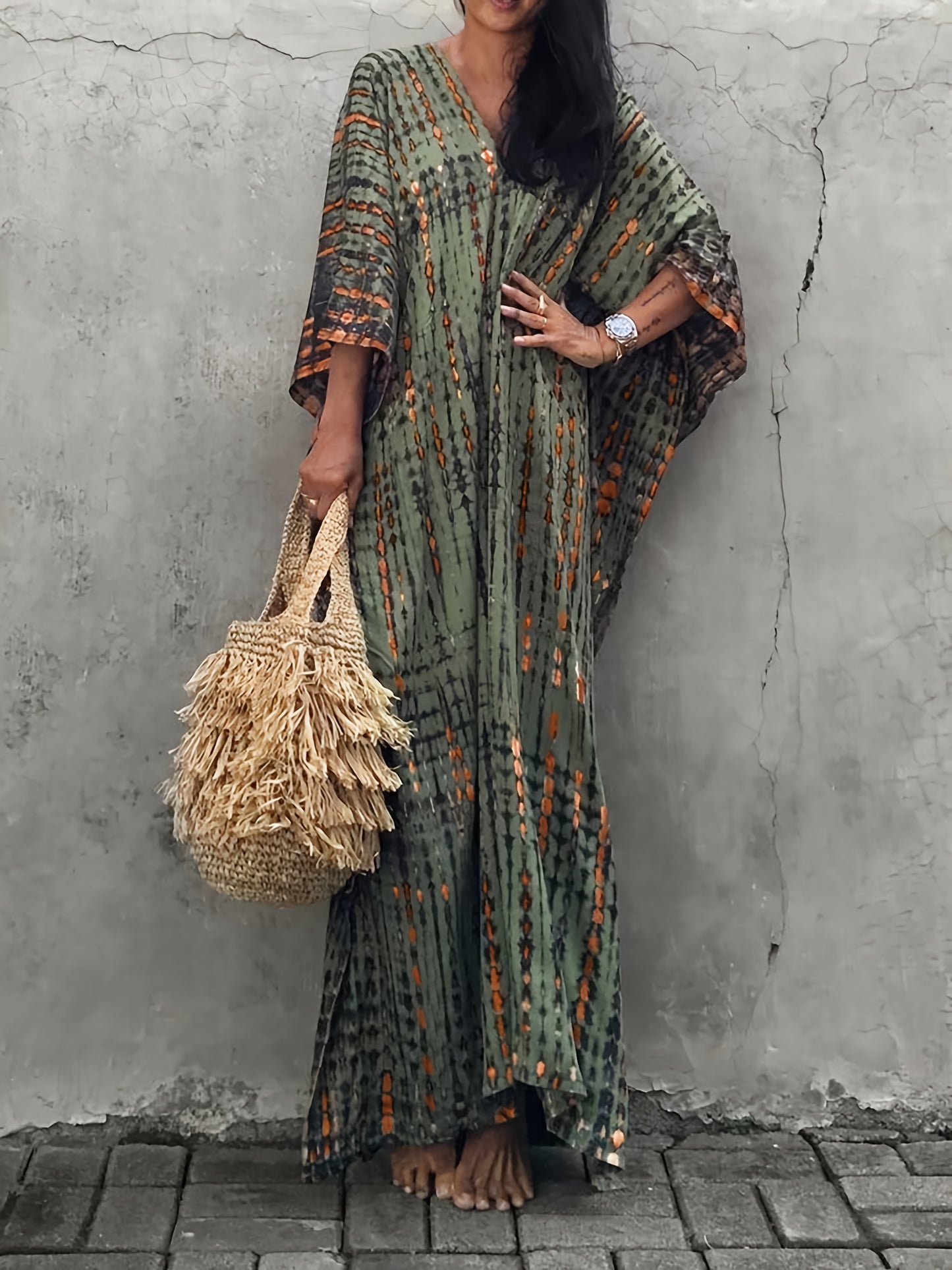 Effortless Tie Dye Maxi Dress for Women with V Neck Bell Sleeve Kaftan Flowing Bohemian Style