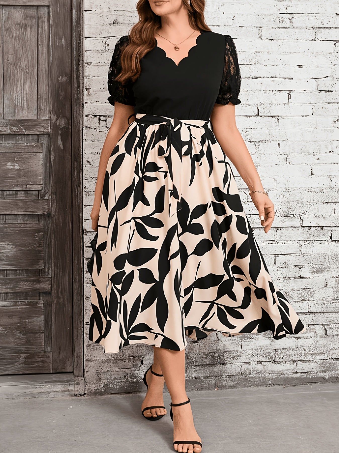 Elegant Black Leaf Print Midi Dress for Women with Scalloped V Neck Lace Sleeve Tie Waist Style