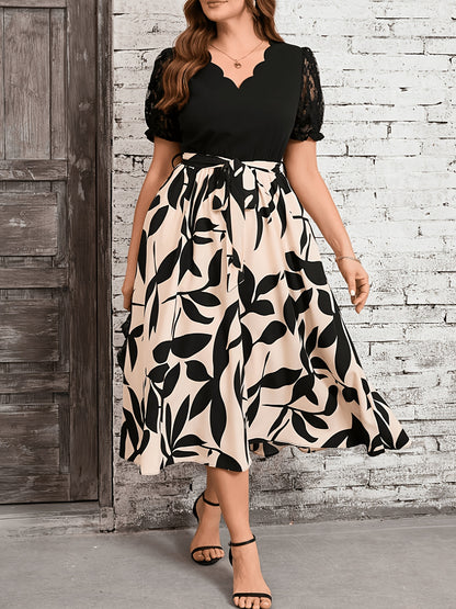 Elegant Black Leaf Print Midi Dress for Women with Scalloped V Neck Lace Sleeve Tie Waist Style