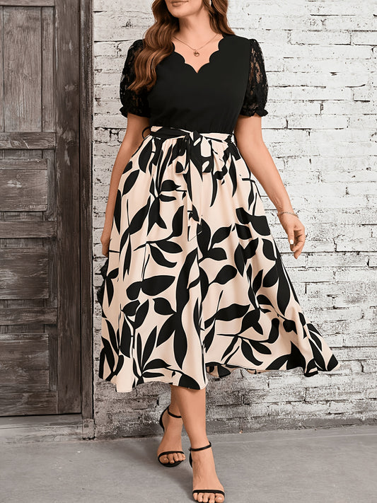 Elegant Black Leaf Print Midi Dress for Women with Scalloped V Neck Lace Sleeve Tie Waist Style