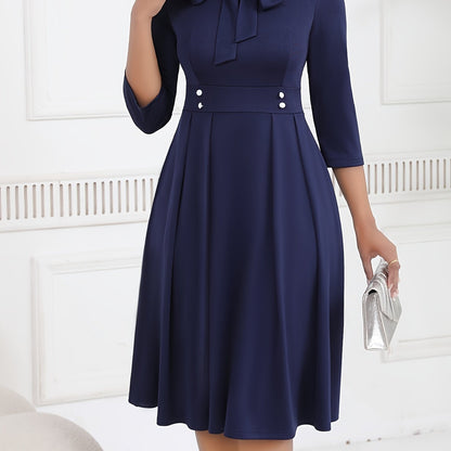 Elegant Knit Midi Dress for Women with Tie Neck Elbow Sleeve Pleated Fit and Flare Style