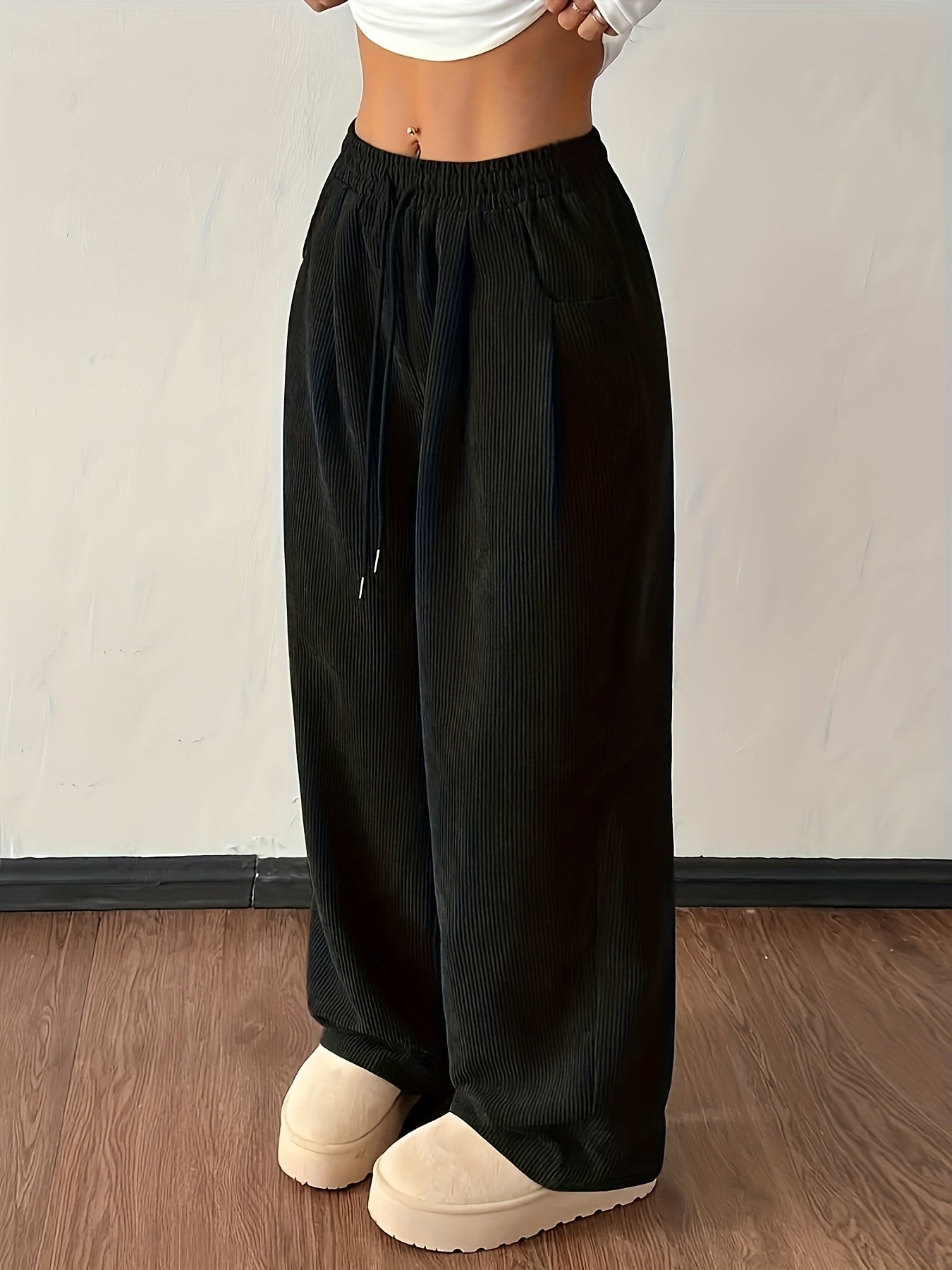 Effortless Dark Brown Corduroy Wide Leg Pants for Women with High Waist Drawstring Relaxed Casual Style