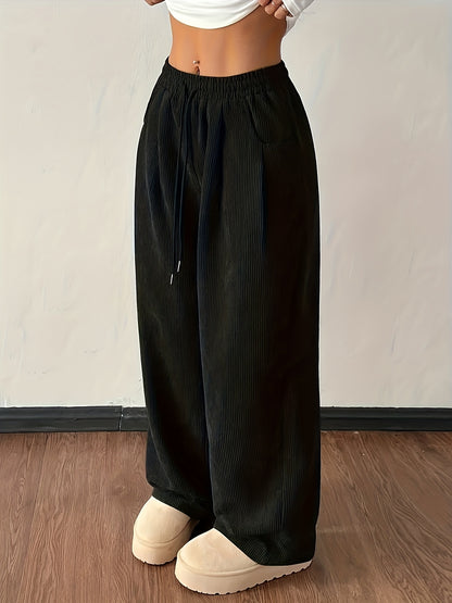 Effortless Dark Brown Corduroy Wide Leg Pants for Women with High Waist Drawstring Relaxed Casual Style