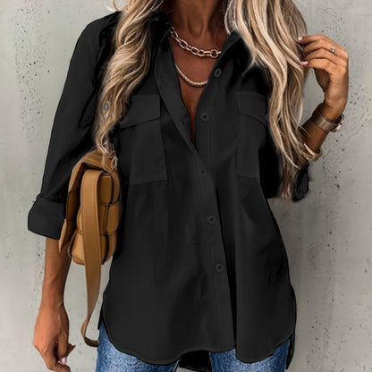 Effortless Utility Blouse for Women with Collar Long Sleeve Button Front Casual Style