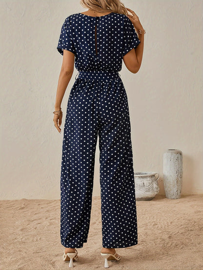 Effortless Polka Dot Jumpsuit for Women with Boat Neck Short Sleeve Belted Wide Leg Style