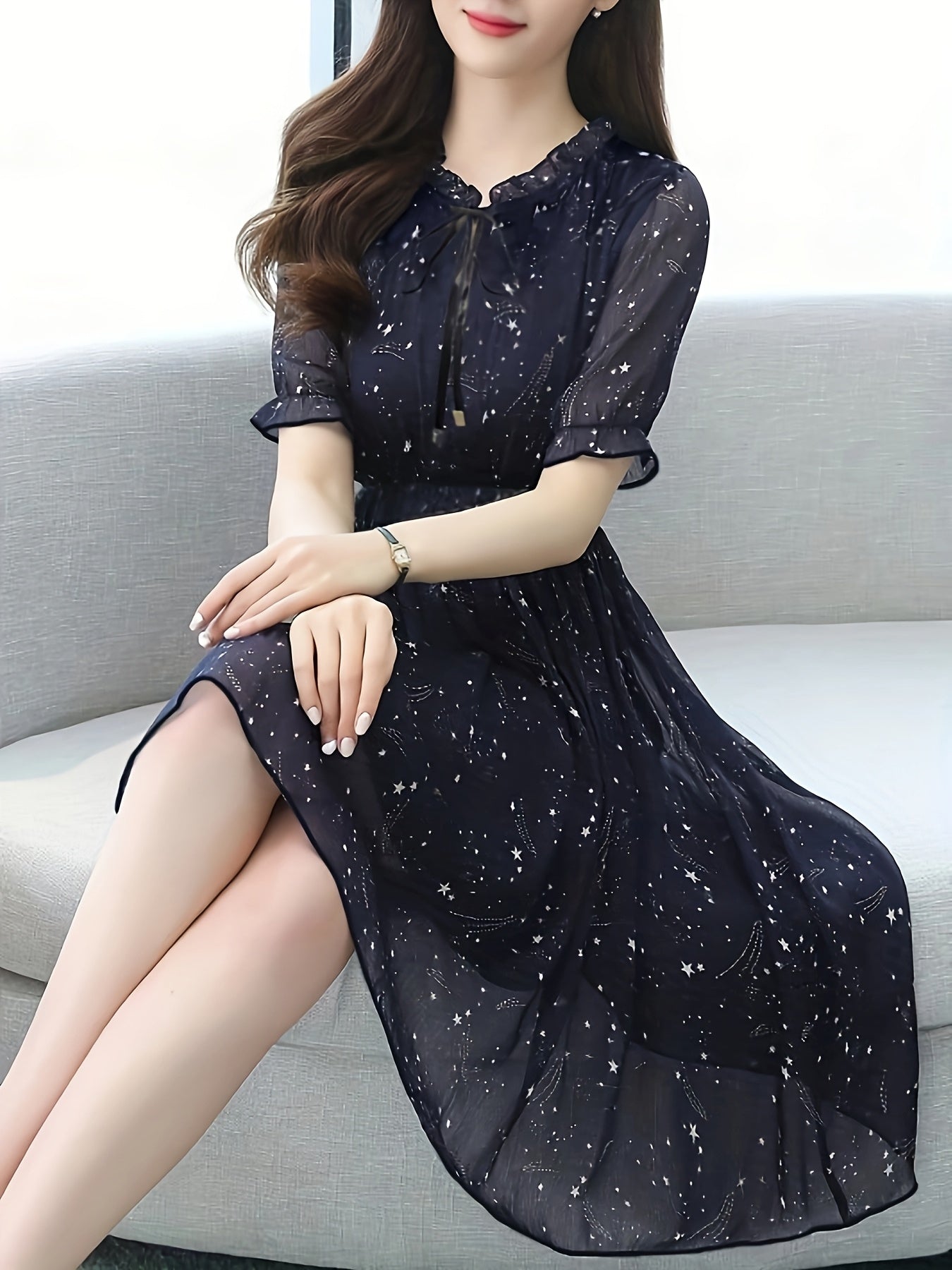 Elegant Navy Star Print Midi Dress for Women with Tie Neck Flutter Sleeve Ruffle Hem Flowing Wedding Guest Style