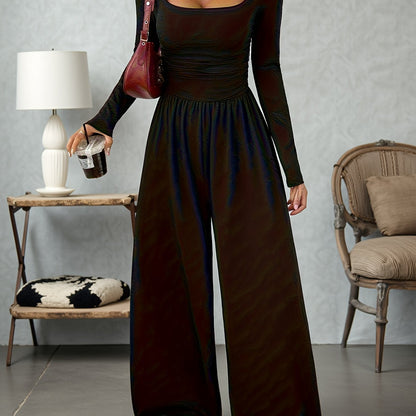 Elegant Black Jumpsuit for Women with Square Neck Long Sleeve Ruched Wide Leg Style