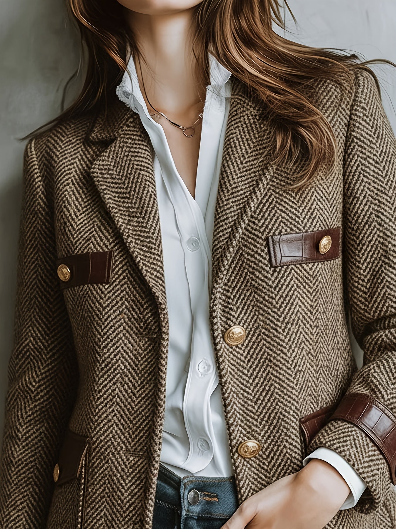 Elegant Khaki Herringbone Tweed Blazer for Women with Notch Lapel Long Sleeve Leather Trim Tailored Style