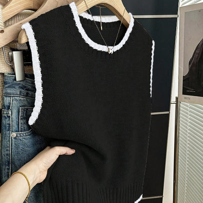 Comfortable Contrast Trim Sweater Vest for Women with Crew Neck Sleeveless Ribbed Knit Style