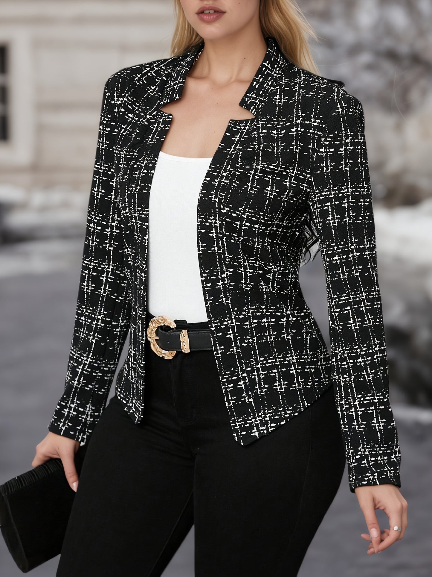 Elegant Tweed Plaid Blazer for Women with Notched Collar Long Sleeve Open Front Asymmetric Hem Casual Style
