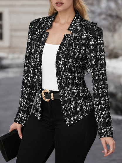 Elegant Tweed Plaid Blazer for Women with Notched Collar Long Sleeve Open Front Asymmetric Hem Casual Style