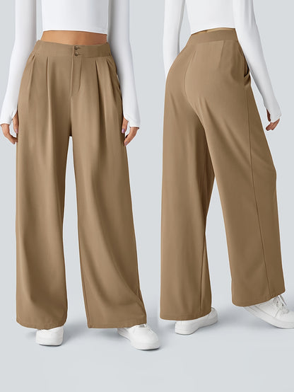 Effortless Khaki Wide Leg Pants for Women with High Waist Pleated Button Front Relaxed Tailored Style