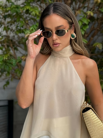 Elegant Chiffon Halter Blouse for Women with High Neck Sleeveless Flowing Asymmetrical Style