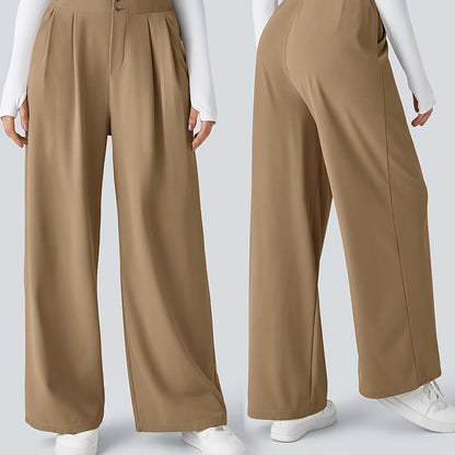 Effortless Khaki Wide Leg Pants for Women with High Waist Pleated Button Front Relaxed Tailored Style