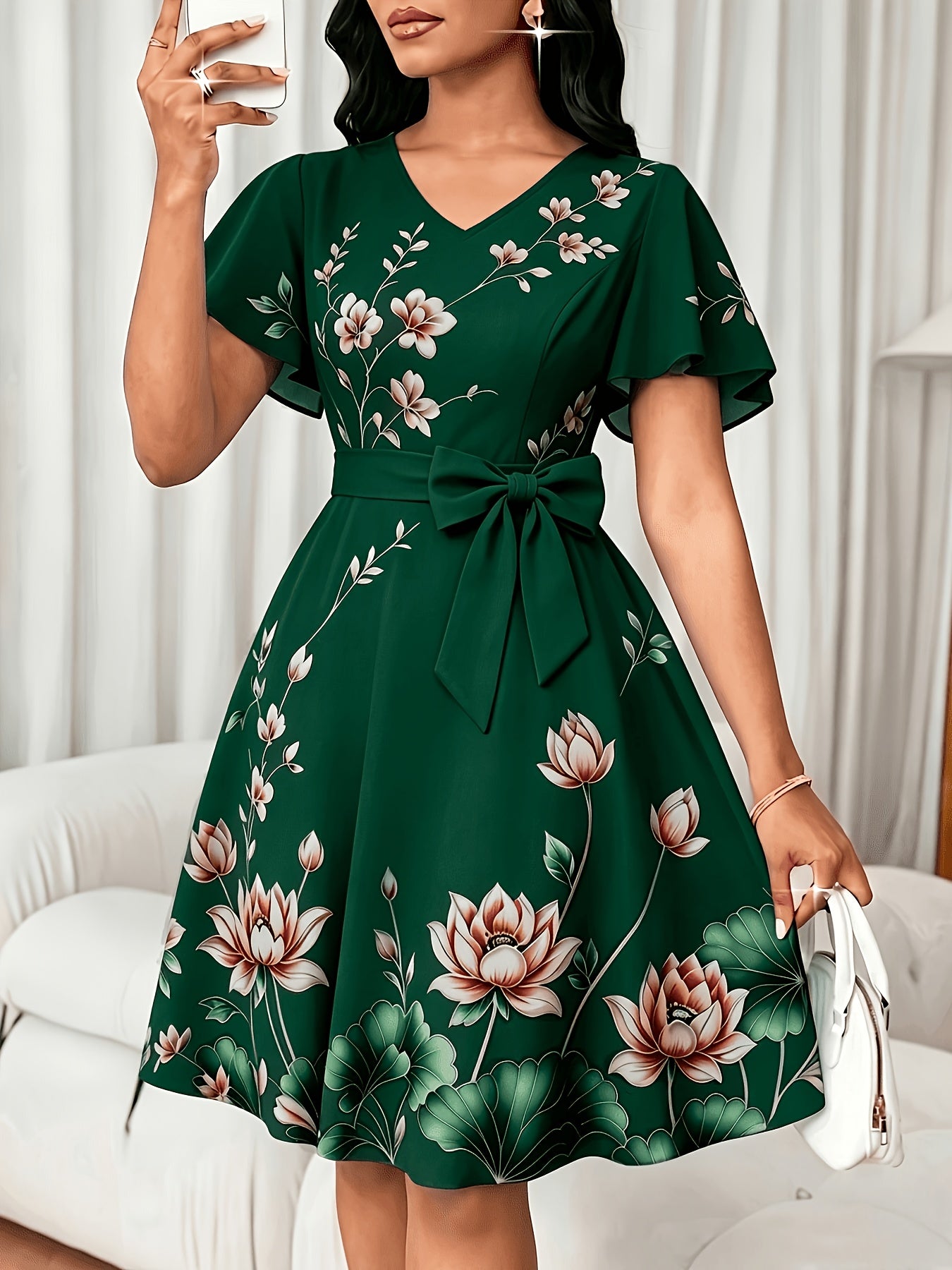 Elegant Floral Midi Dress for Women with V Neck Flutter Sleeve Bow Belt Flowing Style