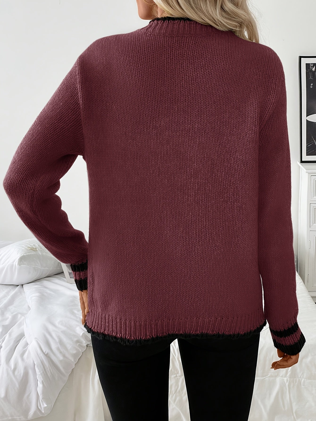 Comfortable Contrast Trim Cardigan Sweater for Women with V Neck Long Sleeve Button Front Ribbed Knit Style