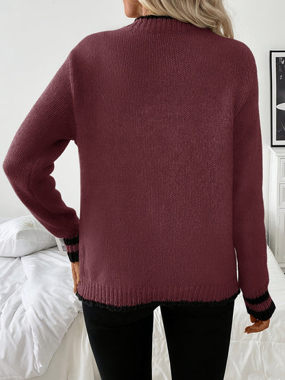 Comfortable Contrast Trim Cardigan Sweater for Women with V Neck Long Sleeve Button Front Ribbed Knit Style