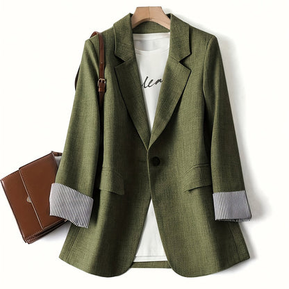 Elegant Fern Green Tweed Blazer for Women with Notch Lapel Long Sleeve Striped Cuff Longline Style