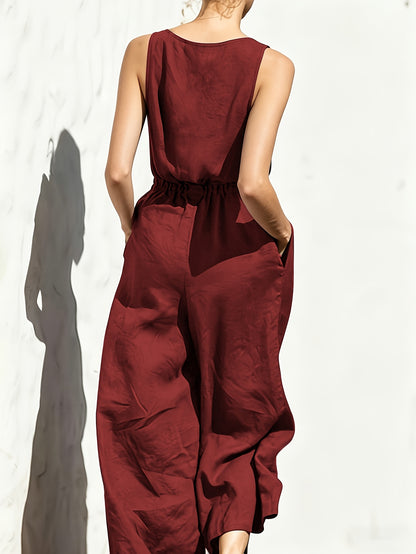 Effortless Navy Blue Linen Wide Leg Jumpsuit for Women with V Neck Sleeveless Button Front Relaxed Style