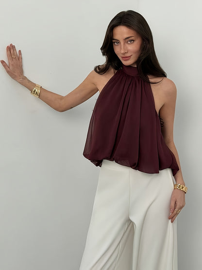 Elegant Burgundy Chiffon Halter Top for Women with Tie Neck Sleeveless Flowing Relaxed Style